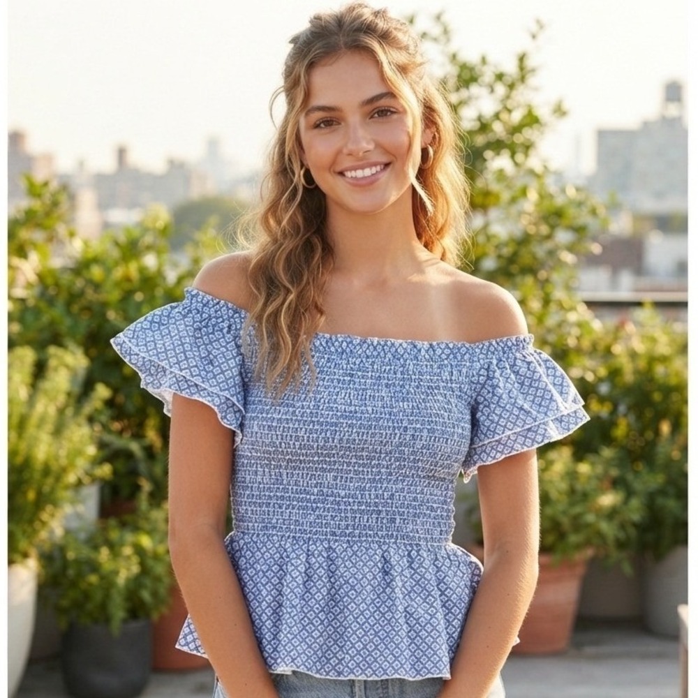 OPT Blue Geometric Smocked Large Off Shoulder Cropped Ruffled Top Cottage Core